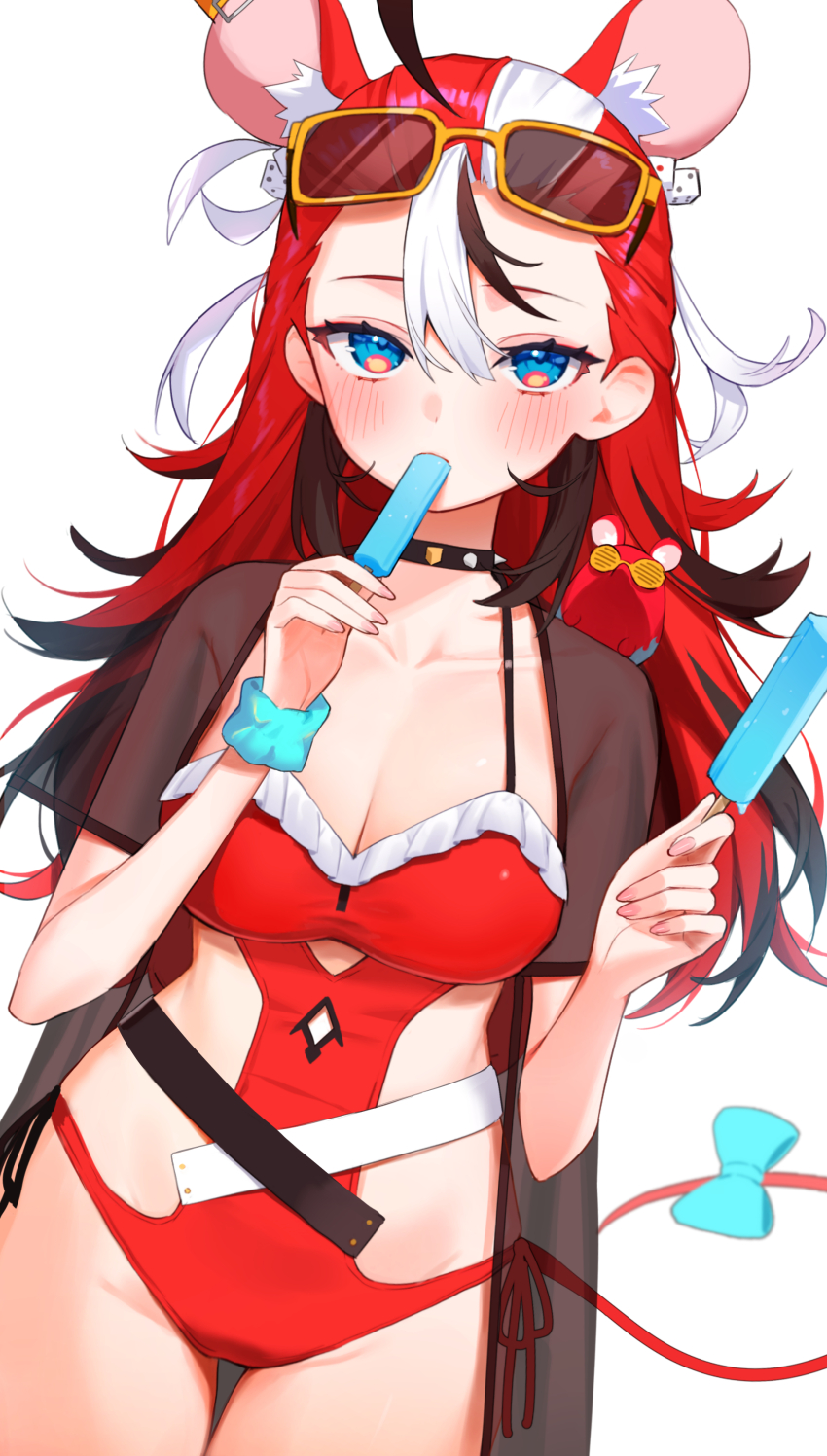 1girl, absurdres, animal_ears, aotake_iro, black_hair, blue_eyes, breasts, casual_one-piece_swimsuit