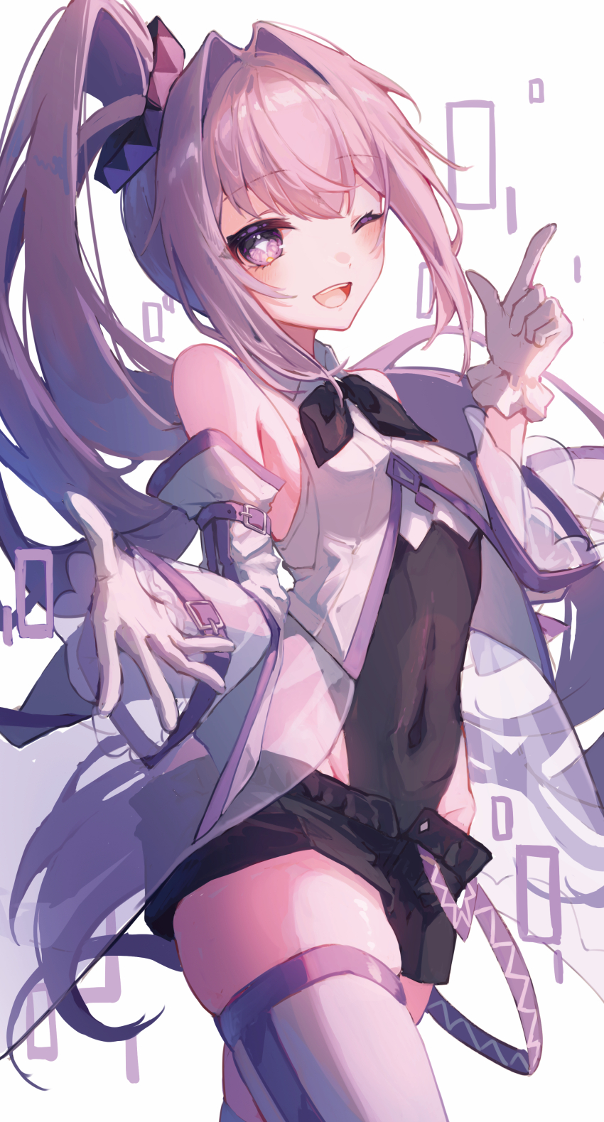 1girl, :d, absurdres, ai-chan_(arcaea), arcaea, arm_belt, belt, black_bow