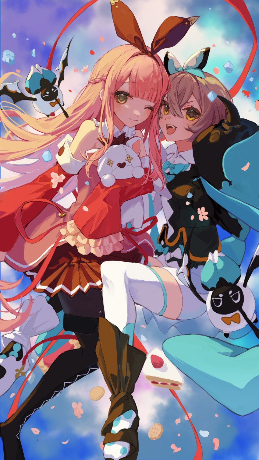 2girls, :d, absurdres, arcaea, ayu_(arcaea), black_boots, black_hairband, black_pantyhose