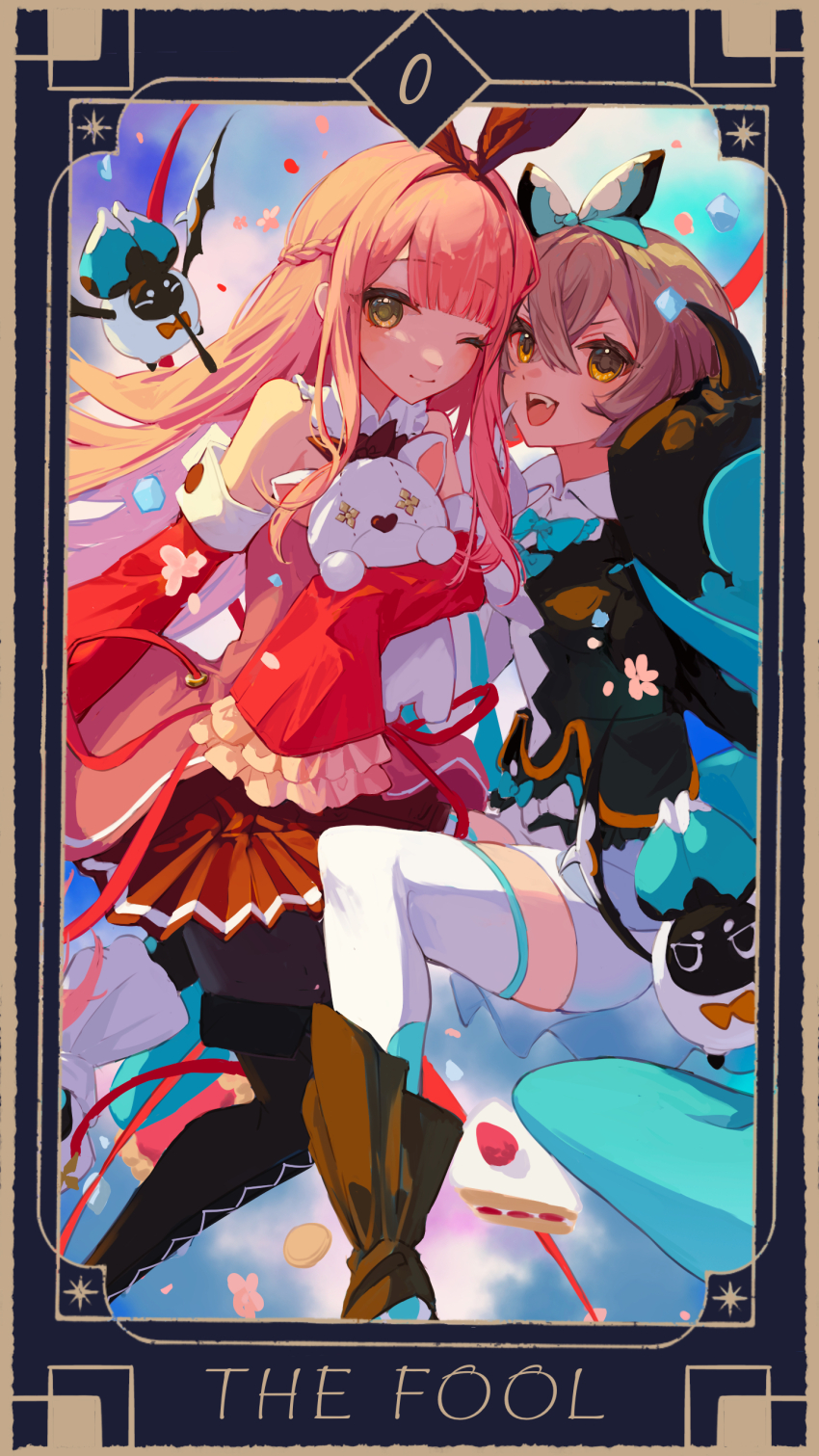 2girls, :d, absurdres, arcaea, ayu_(arcaea), black_boots, black_hairband, black_pantyhose