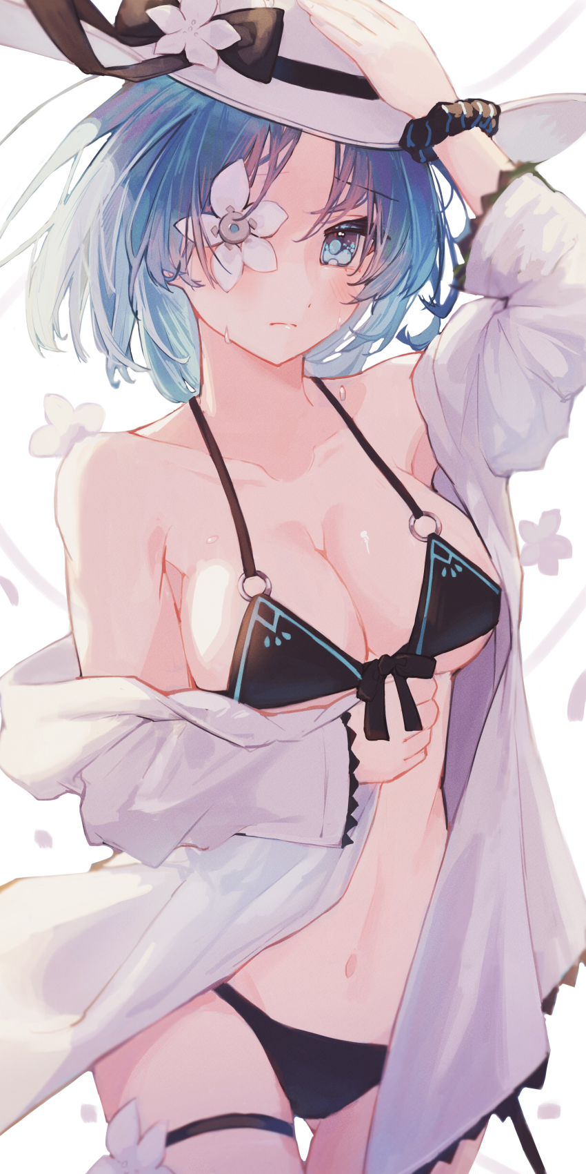 1girl, absurdres, arcaea, bare_shoulders, bikini, black_bikini, black_bow, black_ribbon, black_scrunchie, bow, breasts, closed_mouth, commentary, cowboy_shot, flower, gluteal_fold, green_eyes, green_hair, hand_on_headwear, hat, hat_bow, hat_ribbon, highres, large_breasts, looking_at_viewer, navel, o-ring, o-ring_bikini, one_eye_covered, open_clothes, open_shirt, pia_nano, ribbon, saya_(arcaea), scrunchie, shirt, short_hair, solo, standing, sweat, swimsuit, thigh_strap, three-quarter_sleeves, white_background, white_flower, white_hat, white_shirt, wrist_scrunchie