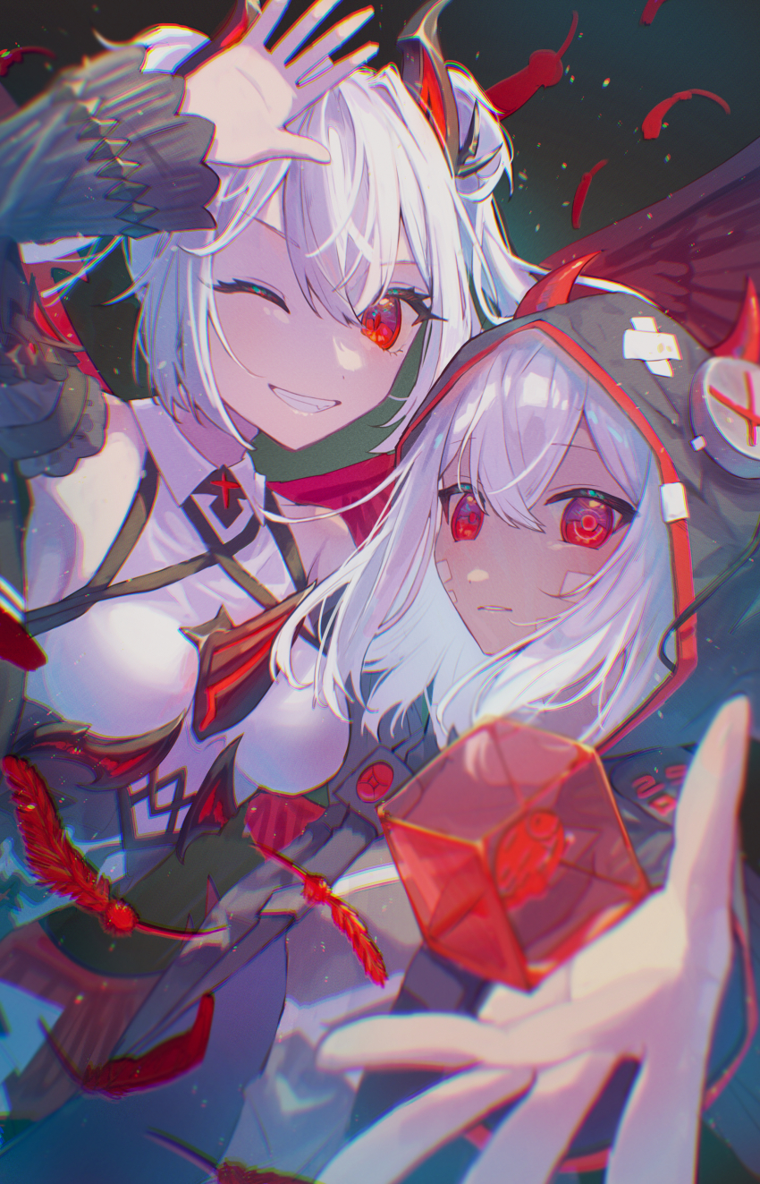 2girls, absurdres, arcaea, bare_shoulders, black_background, black_jacket, black_sleeves, black_wings