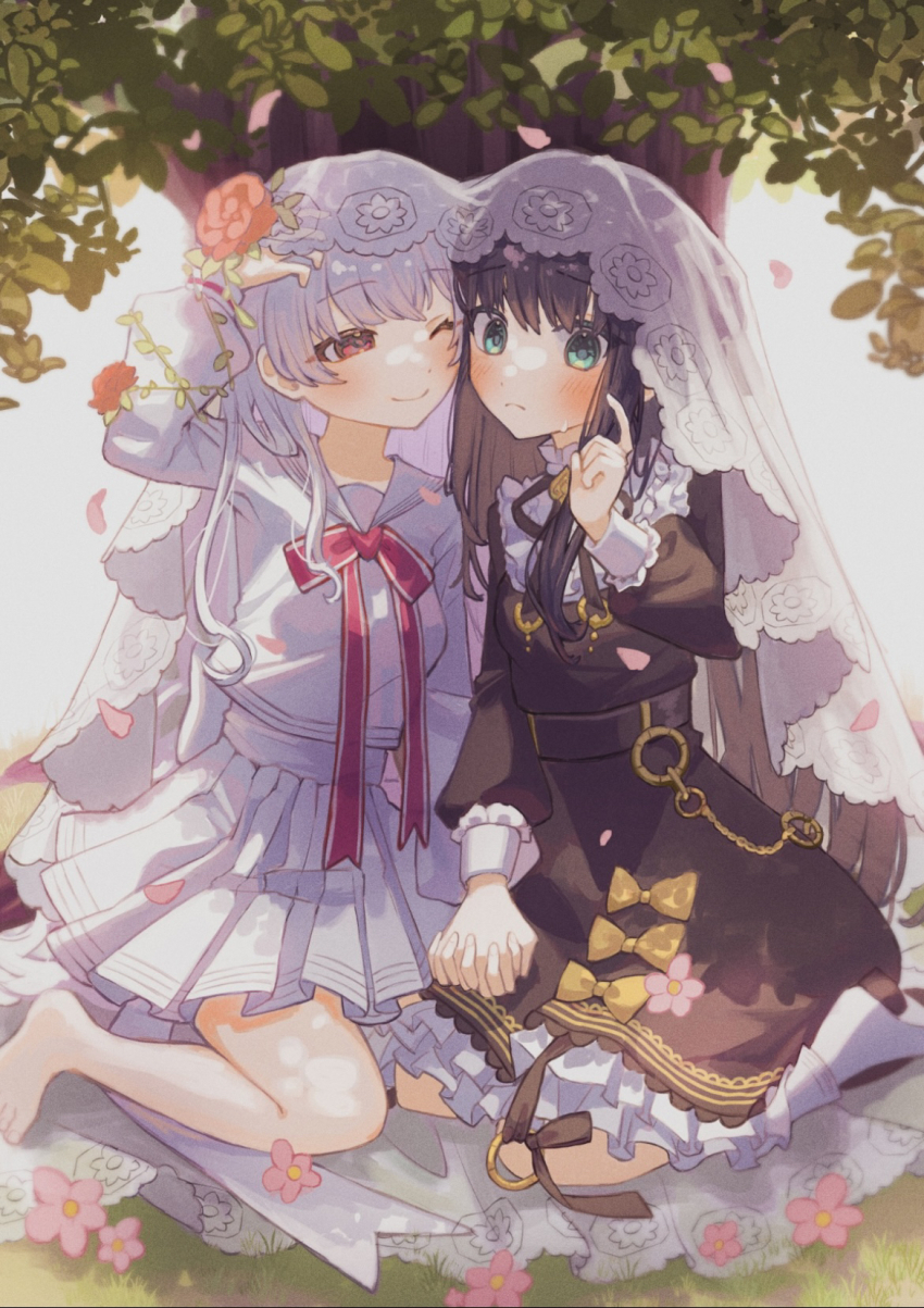 2girls, arcaea, belt, black_belt, black_dress, black_hair, bow, bowtie