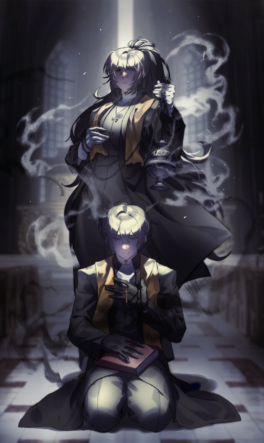 2boys, absurdres, black_coat, black_eyes, black_gloves, black_hair, blue_eyes, book