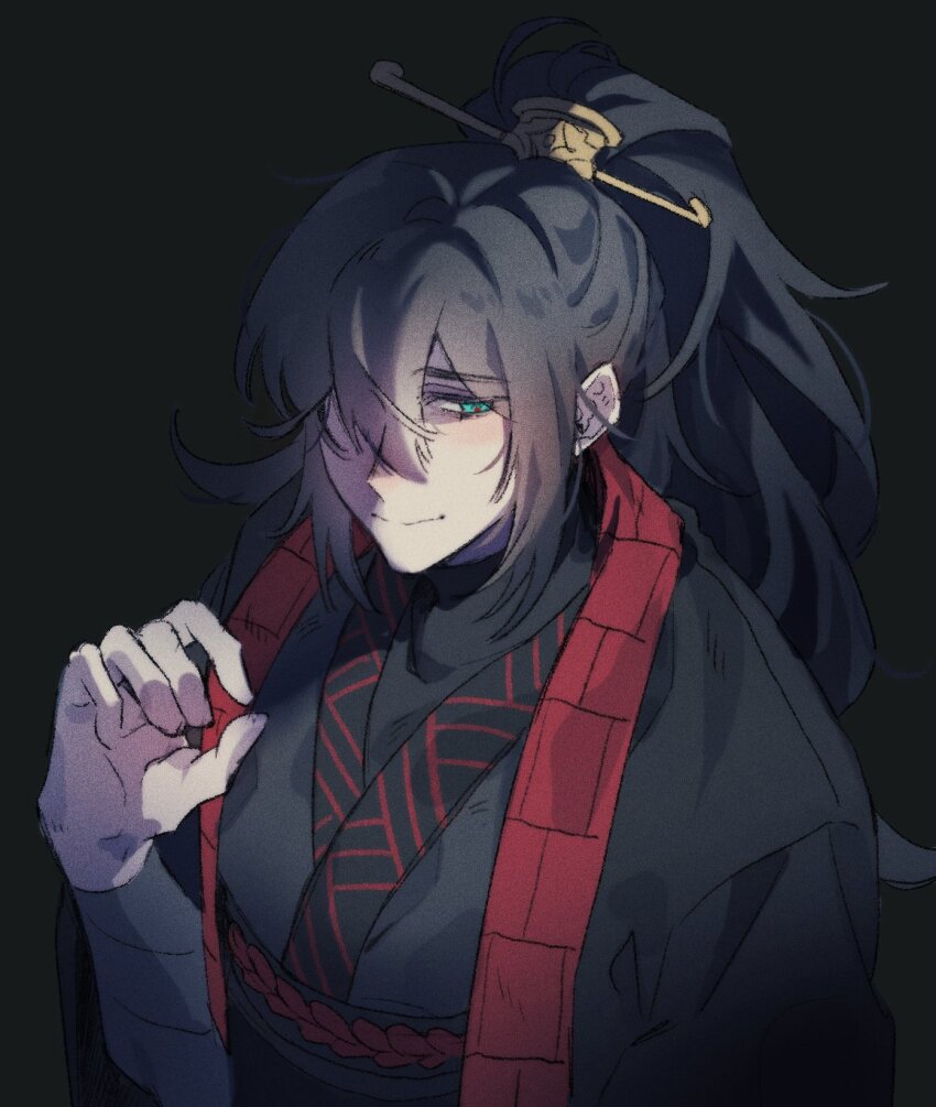 1boy, black_background, black_hanfu, blue_eyes, chinese_clothes, hongyuan_(identity)_(project_moon), hair_ornament, hair_over_one_eye