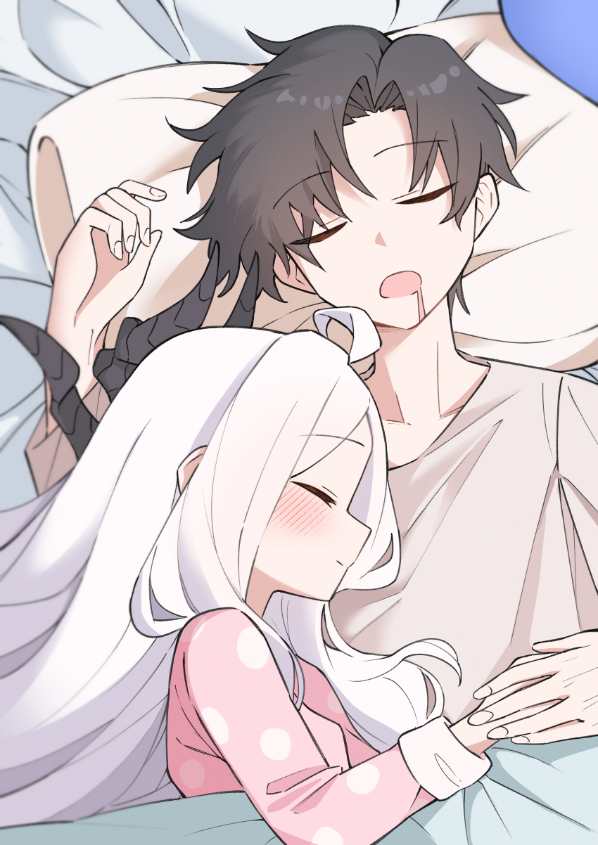 1boy, 1girl, :o, absurdres, ahoge, ahti, bed_sheet, black_hair