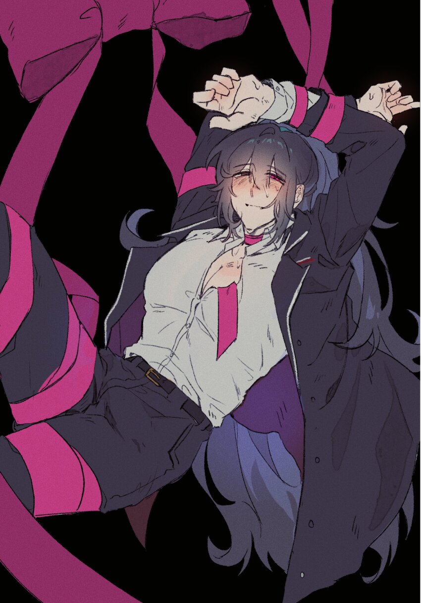 1boy, arms_behind_head, bdsm, belt, black_background, black_hair, black_jacket, bondage