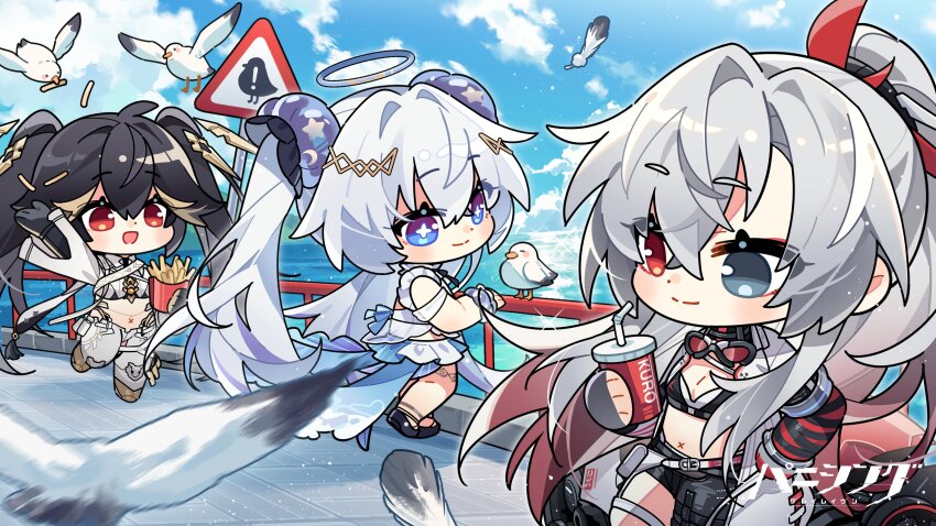 3girls, absurdres, alpha:_crimson_weave_(pgr), alpha_(pgr), alternate_costume, asymmetrical_legwear, bird, black_hair