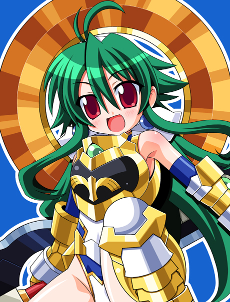1girl, ahoge, armor, chirorian, female_focus, green_hair, long_hair, open_mouth