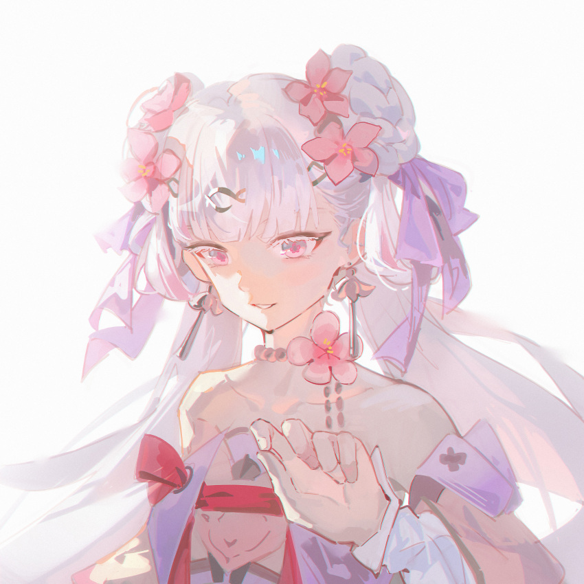 1girl, absurdres, bare_shoulders, collarbone, colored_eyelashes, commentary, earrings, flower