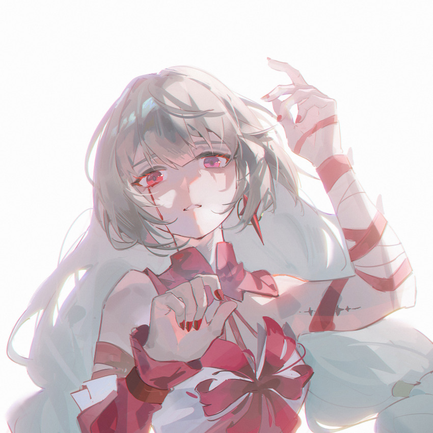 1girl, absurdres, arm_ribbon, bandaged_arm, bandages, bare_shoulders, blood, bloody_tears