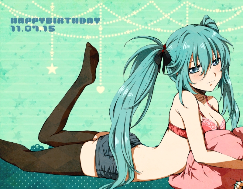 1girl, aqua_eyes, aqua_hair, blush, bra, breasts, cleavage, denim, denim_shorts, feet, female_focus, hatsune_miku, kca, leg_up, lingerie, long_hair, lying, no_shirt, on_stomach, seductive_smile, short_shorts, shorts, skindentation, smile, solo, thighhighs, twintails, underwear, vocaloid