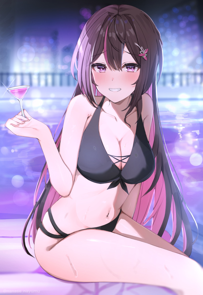 1girl, absurdres, azki_(hololive), bikini, black_bikini, black_hair, blurry, blurry_background