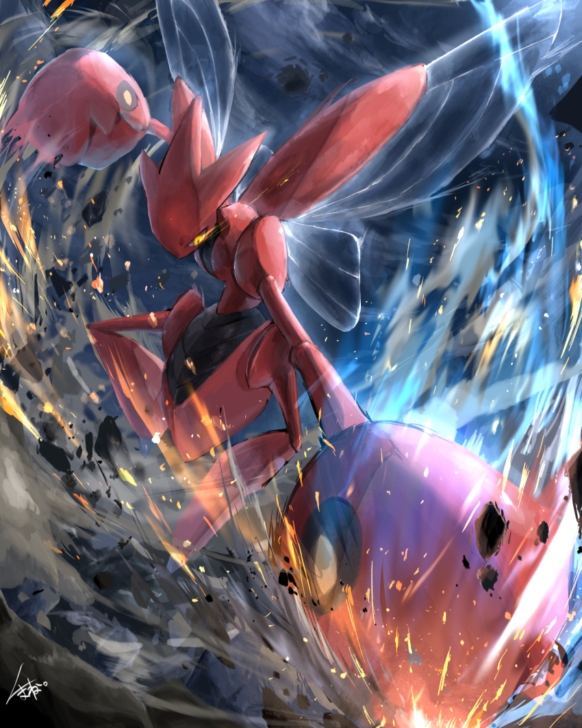 commentary_request, debris, ekaki_panda, gen_2_pokemon, glowing, glowing_eyes, highres, insect_wings