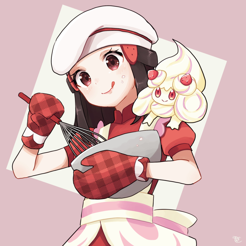 1girl, :q, alcremie, apron, bowl, brown_eyes, chef_hat, closed_mouth