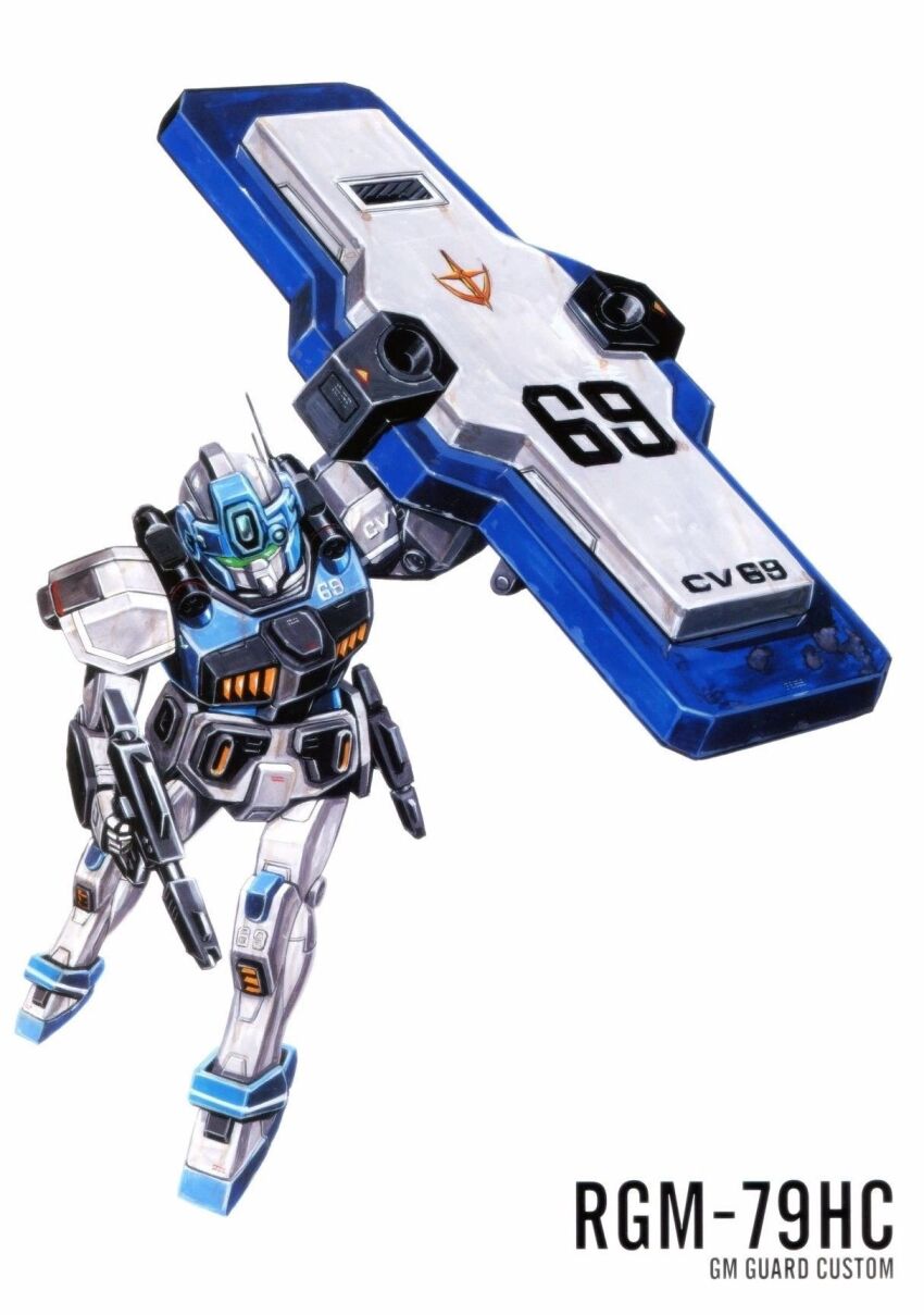 1980s_(style), beam_rifle, character_name, damaged, dirty, earth_federation, energy_gun, gm_(mobile_suit), gm_guard_custom, green_visor, gun, gundam, gundam_msv, highres, machine_gun, machinery, magazine_scan, mecha, mecha_focus, mobile_suit, no_humans, official_art, oldschool, ookawara_kunio, painting_(medium), radio_antenna, realistic, retro_artstyle, robot, roundel, scan, science_fiction, shield, traditional_media, weapon