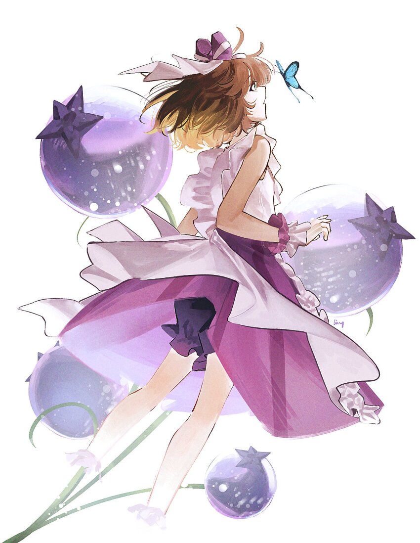 1girl, blue_butterfly, blue_eyes, blueberry, bow, brown_hair, bug, butterfly, feet_out_of_frame, flutterpage, flutterpage_(naisnow), food, frilled_shirt, frills, from_side, fruit, hair_bow, highres, insect, ling_(chaaaaanhikari), looking_at_animal, medium_skirt, official_alternate_costume, oversized_food, oversized_object, profile, puffy_shorts, purple_bow, purple_shorts, purple_skirt, reverse:1999, shirt, short_hair, shorts, shorts_under_skirt, skirt, sleeveless, sleeveless_shirt, solo, white_background, white_shirt