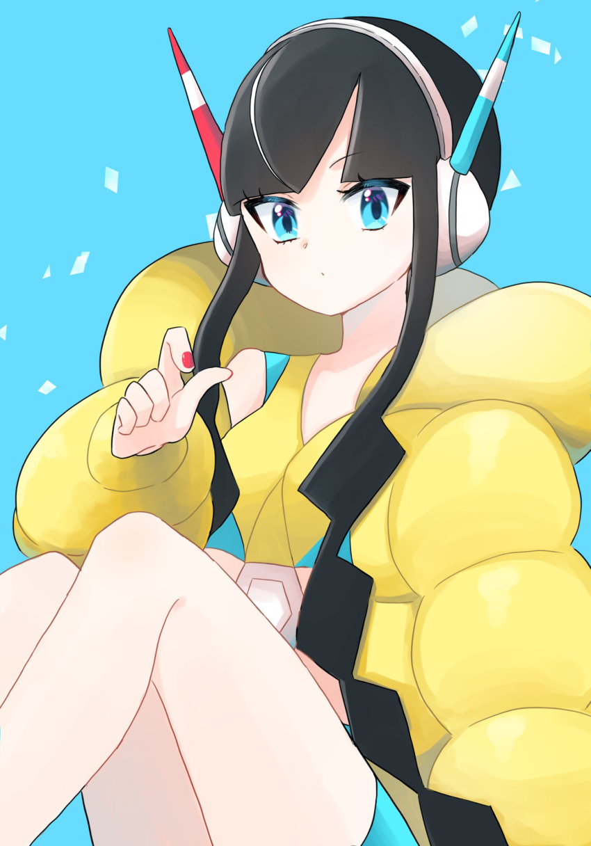 1girl, black_hair, blue_background, blue_eyes, blunt_bangs, buckle, closed_mouth, commentary_request