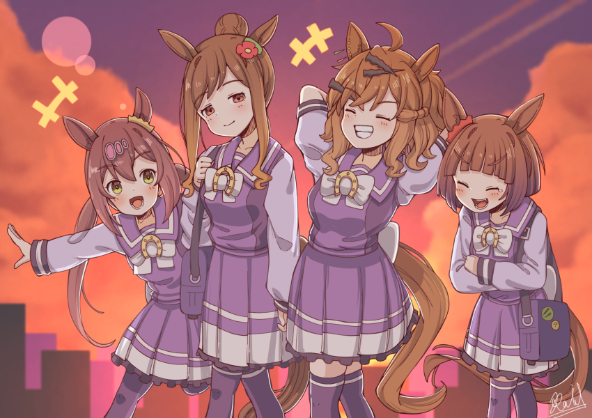 +++, 4girls, :d, ahoge, animal_ears, arms_behind_head, arms_up, bag