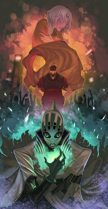 10s, 1girl, 2boys, blonde_hair, blue_fire, cape, fire, gloves