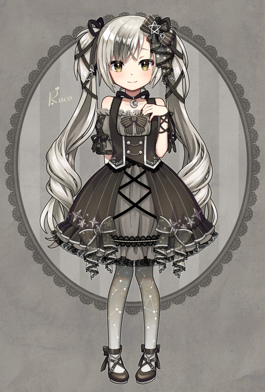 1boy, bare_shoulders, black_dress, black_shoes, blush, closed_mouth, commentary_request, crossdressing