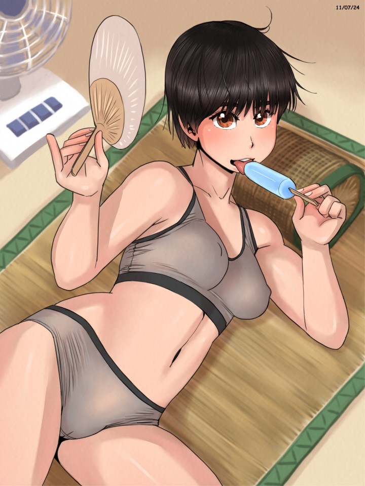 1girl, ayumu_(zenkou), black_hair, blush, breasts, brown_eyes, cameltoe, cleavage