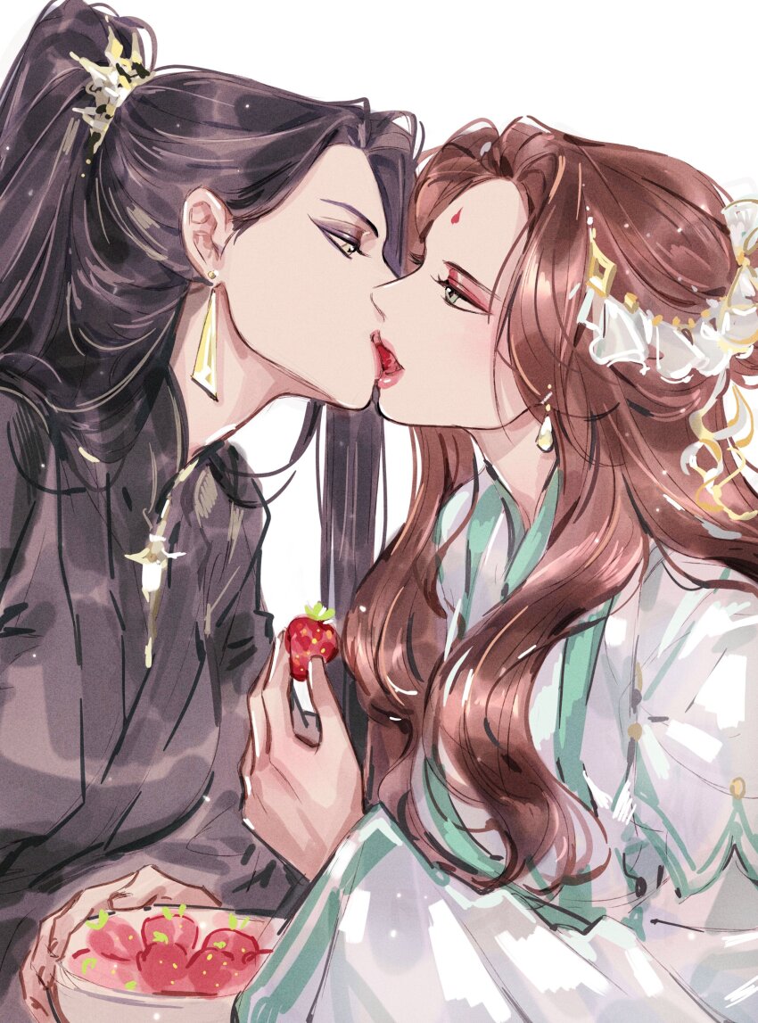 2girls, absurdres, anssel3, black_hair, black_robe, brown_hair, commentary, earrings, eye_contact, facial_mark, food, forehead_mark, fruit, genderswap, genderswap_(mtf), green_eyes, hashtag-only_commentary, highres, holding, jewelry, long_hair, looking_at_another, ming_yi, multiple_girls, open_mouth, ponytail, robe, shared_food, shi_qingxuan, simple_background, strawberry, tianguan_cifu, white_background, white_robe, yellow_eyes, yuri