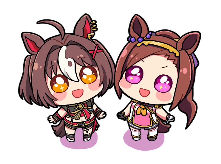 2girls, :d, ahoge, alternate_hair_color, animal_ears, asymmetrical_footwear, asymmetrical_gloves, blush_stickers, brown_hair, chibi, chibi_only, earrings, gloves, hair_intakes, hair_ornament, hairband, hairpin, horse_ears, horse_girl, horse_tail, jewelry, kitasan_black_(umamusume), kni, long_hair, looking_at_viewer, medium_hair, midriff, mismatched_footwear, mismatched_gloves, multiple_earrings, multiple_girls, navel, open_mouth, parted_bangs, ponytail, purple_eyes, ribbon, sakura_bakushin_o_(umamusume), short_twintails, simple_background, sleeveless, smile, sparkling_eyes, tail, thighhighs, twintails, umamusume, white_background, white_streaks, white_thighhighs, yellow_eyes, yellow_hairband