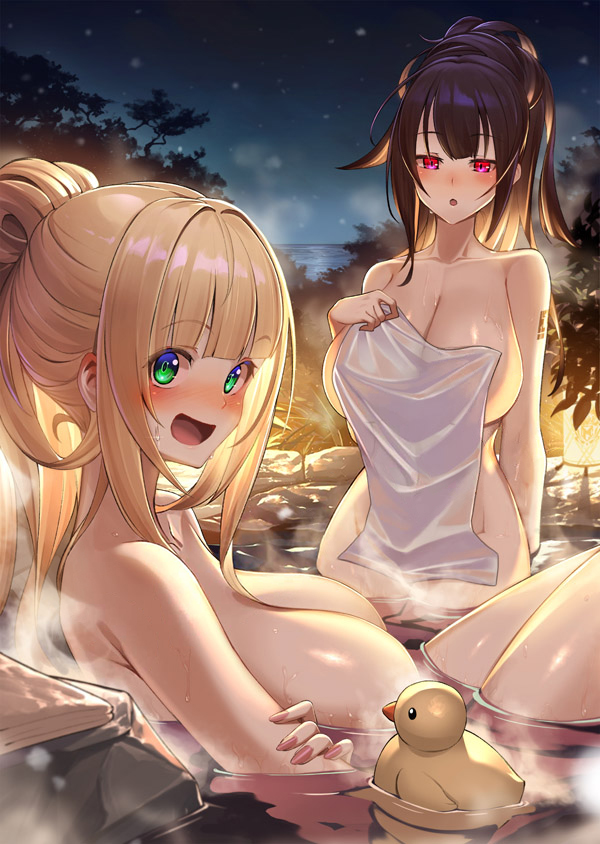 2girls, :d, amagi_(oreaku), arm_tattoo, blonde_hair, blush, breasts, brown_hair