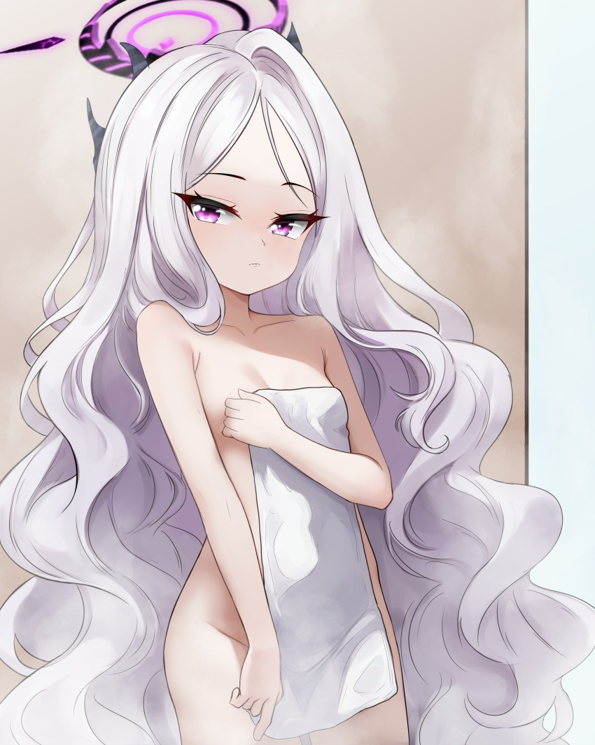 absurdly_long_hair, absurdres, ahoge, bare_shoulders, bath_towel, black_halo, blue_archive, blush, breasts, closed_mouth, covering_breasts, covering_privates, demon_girl, demon_horns, halo, highres, hina_(blue_archive), holding, holding_towel, horns, indoors, loli, long_hair, looking_at_viewer, nau_aru, nude, purple_eyes, small_breasts, standing, steam, thighs, towel, very_long_hair, wavy_hair, white_hair