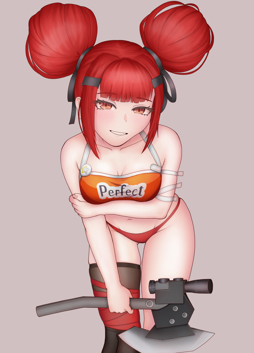 1girl, absurdres, arm_under_breasts, axe, bare_shoulders, bent_over, blush, breasts