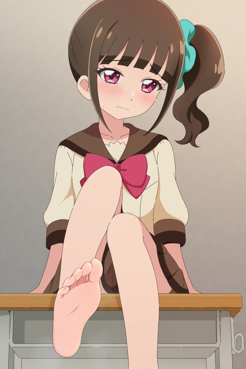 1boy, 1girl, aqua_scrunchie, arm_support, barefoot, blunt_bangs, blush, bow, bowtie, brown_background, brown_hair, brown_sailor_collar, brown_skirt, closed_mouth, collarbone, commentary, desk, embarrassed, feet, foot_focus, foot_out_of_frame, frown, furrowed_brow, gradient_background, hair_ornament, hair_scrunchie, highres, knee_up, laika_(s4005146), looking_at_viewer, medium_hair, nekoyashiki_mayu, on_desk, pink_eyes, pleated_skirt, ponytail, precure, red_bow, red_bowtie, sailor_collar, school_uniform, scrunchie, second_wangan_school_uniform, serafuku, side_ponytail, sitting, skirt, soles, solo, sweatdrop, three-quarter_sleeves, toes, white_serafuku, wonderful_precure!