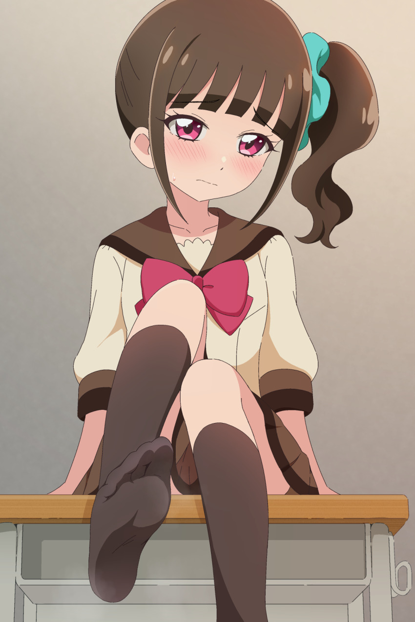 1girl, aqua_scrunchie, arm_support, black_socks, blunt_bangs, blush, bow, bowtie