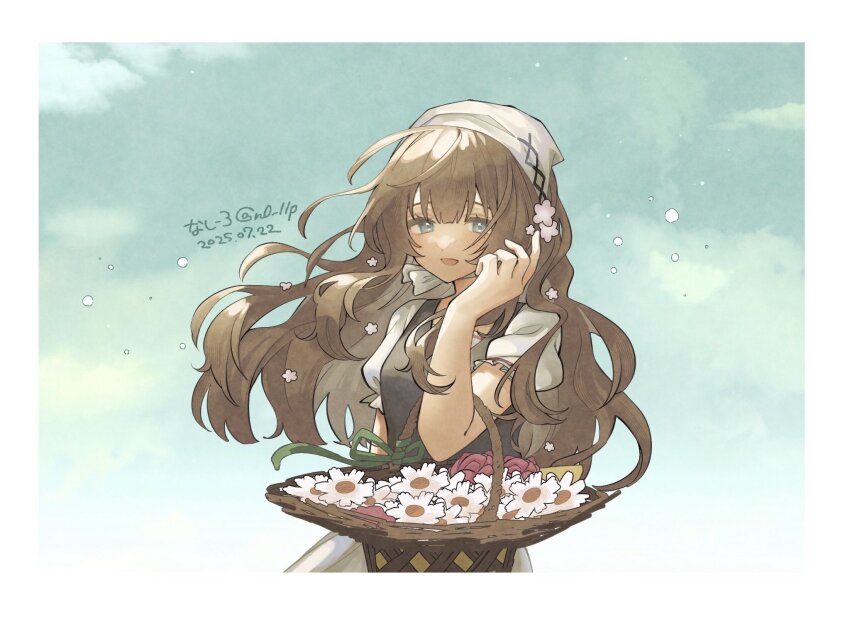 1girl, :d, aqua_background, artist_name, basket, beret, blue_eyes, brown_hair