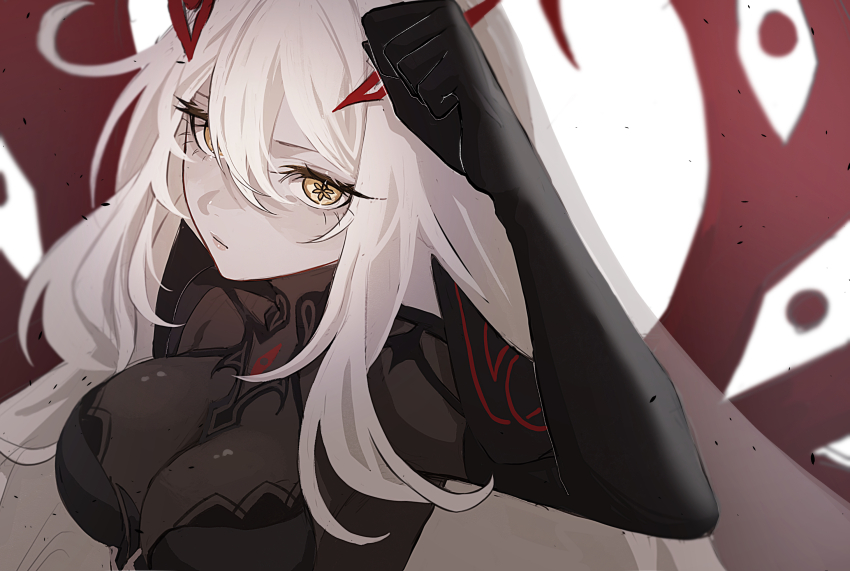 1girl, black_gloves, bodystocking, breasts, cowlick, eye_hair_ornament, eye_symbol, genshin_impact