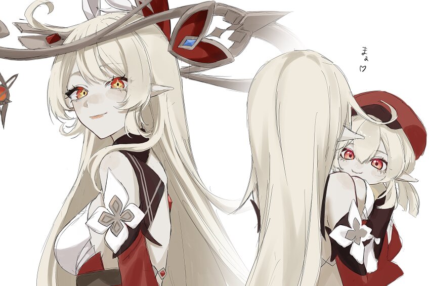 2girls, absurdres, ahoge, alice_(genshin_impact), blonde_hair, closed_mouth, genshin_impact, hair_between_eyes, hat, highres, klee_(genshin_impact), long_hair, low_twintails, mother_and_child, mother_and_daughter, multiple_girls, multiple_views, naruse_azusa, newsboy_cap, parent_and_child, pointy_ears, red_eyes, red_hat, sidelocks, simple_background, smile, symbol-shaped_pupils, twintails, very_long_hair, white_background