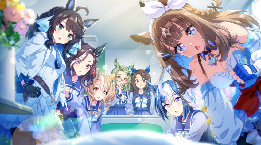 6+girls, ahoge, air_messiah_(umamusume), almond_eye_(the_changer)_(umamusume), almond_eye_(umamusume), animal_ears, bad_discord_link, bad_link