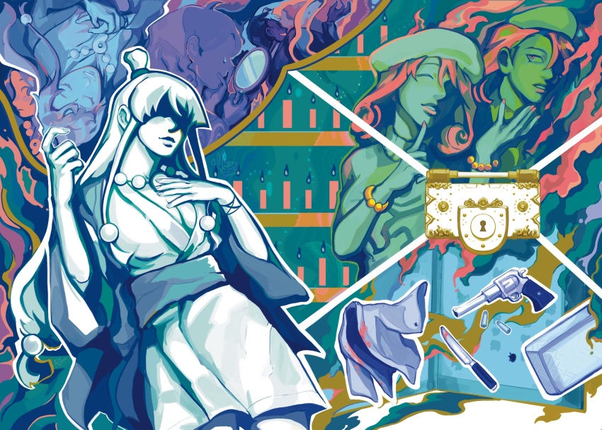 1boy, 5girls, ace_attorney, bead_necklace, beads, bracelet, breasts, candle