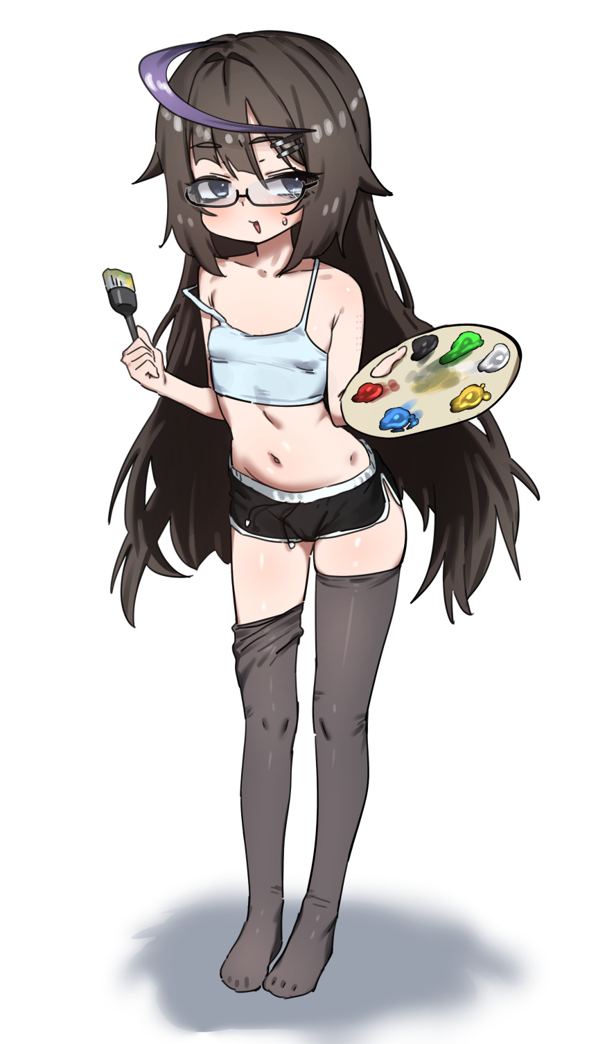 1girl, absurdres, bare_shoulders, black_hair, black_shorts, camisole, commentary, commission