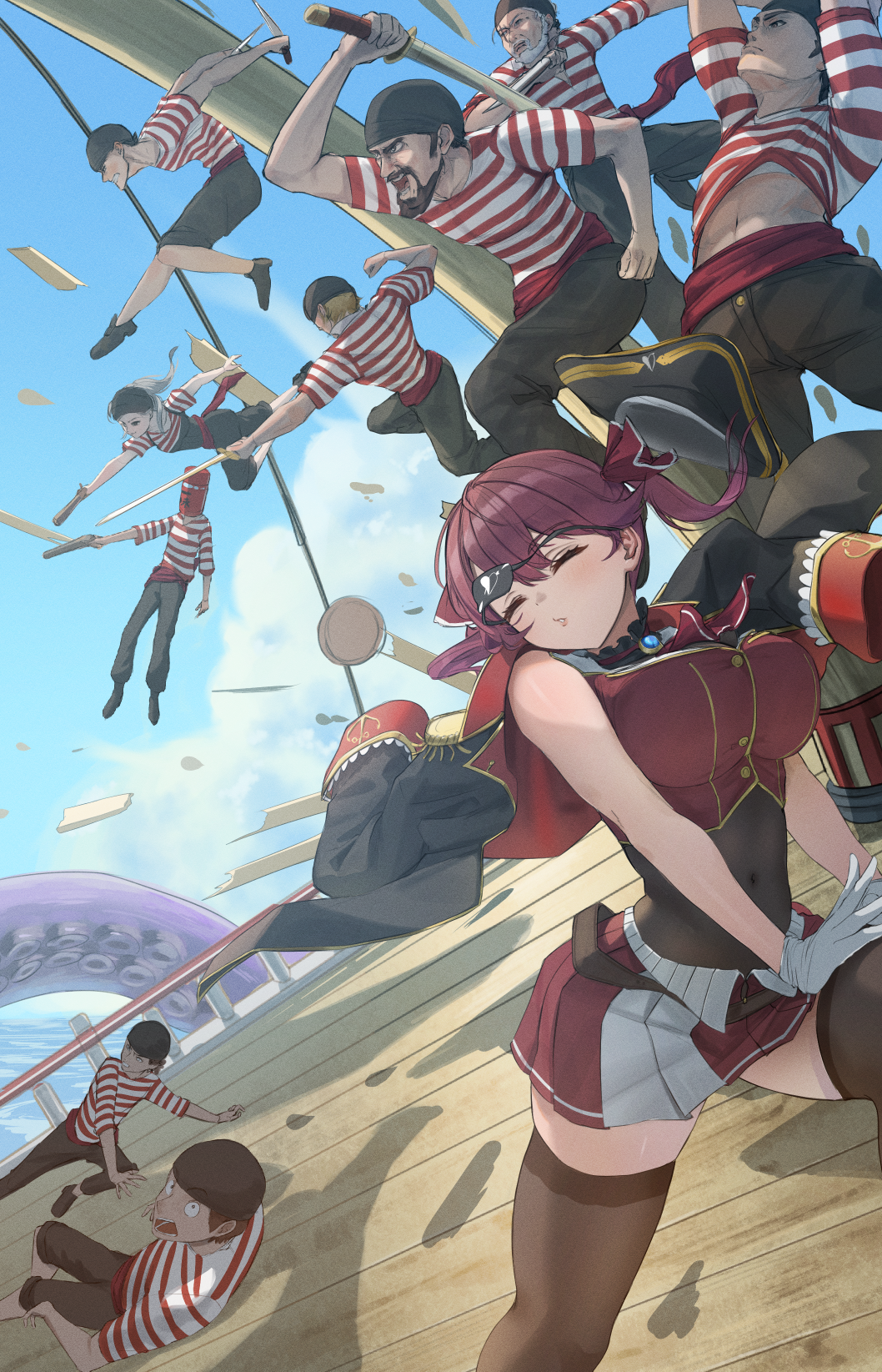 1other, 2girls, 6+boys, ascot, bandana, bicorne, black_bandana, black_coat