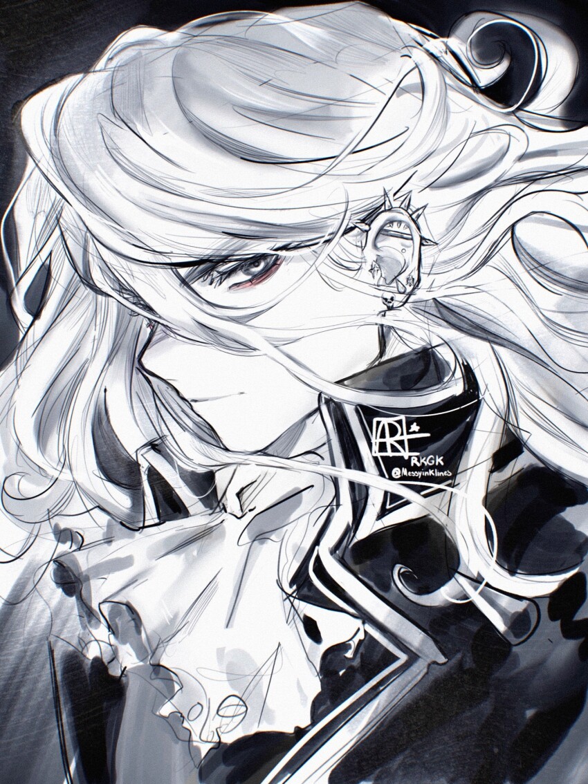 1boy, alchemy_stars, ascot, black_coat, charon_(alchemy_stars), closed_mouth, coat, earrings