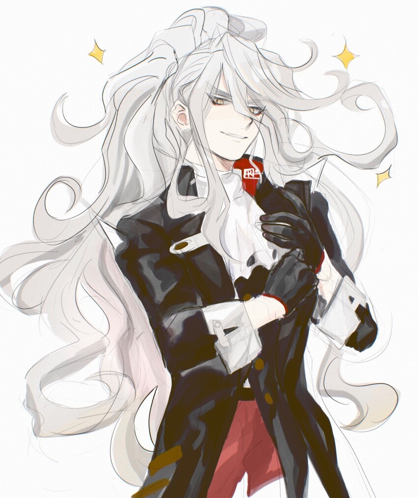 1boy, alchemy_stars, ascot, black_coat, black_gloves, brown_eyes, charon_(alchemy_stars), coat