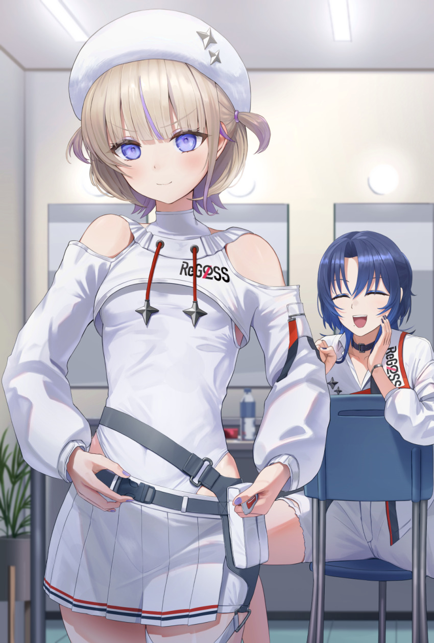 2girls, belt, belt_pouch, black_belt, blonde_hair, blue_hair, blue_nails, blush