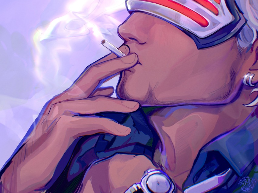 1boy, ace_attorney, blue_shirt, cigarette, earrings, fingernails, godot_(ace_attorney), head-mounted_display