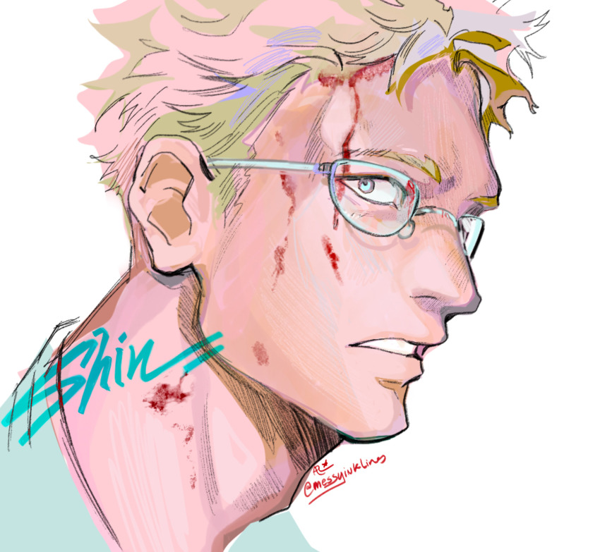 1boy, adam's_apple, blonde_hair, blood, blood_on_face, dorohedoro, glasses, highres