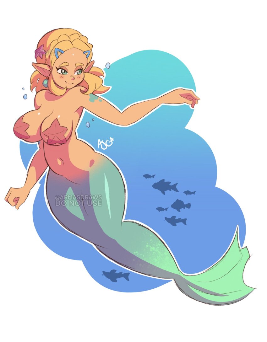 1girl, armasdraws, artist_name, blonde_hair, breasts, curvy, green_tail, highres