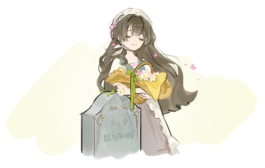 1girl, basket, beret, brown_hair, chinstrap, closed_eyes, closed_mouth, cropped_torso