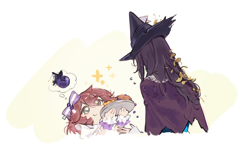 2girls, beagle, black_cape, black_hair, black_hat, blue_eyes, blueberry, bow