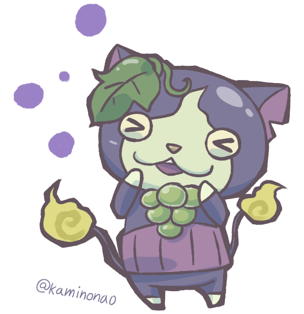 animal_ears, artist_name, budounyan, cat_ears, closed_eyes, fire, flame-tipped_tail, haramaki, kaminonao, leaf, multiple_tails, no_humans, notched_ear, open_mouth, purple_fur, simple_background, solo, tail, two_tails, white_background, youkai_(youkai_watch), youkai_watch