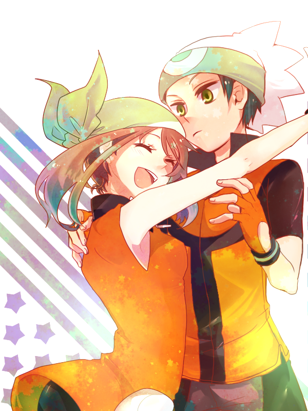 00s, 1boy, 1girl, alternate_costume, bad_id, bad_pixiv_id, bandana, black_hair